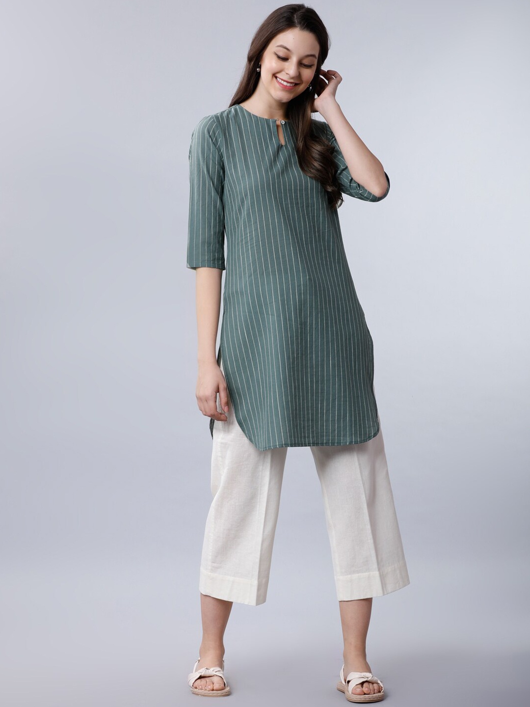 

Vishudh Women Olive Green & Off-White Striped Tunic