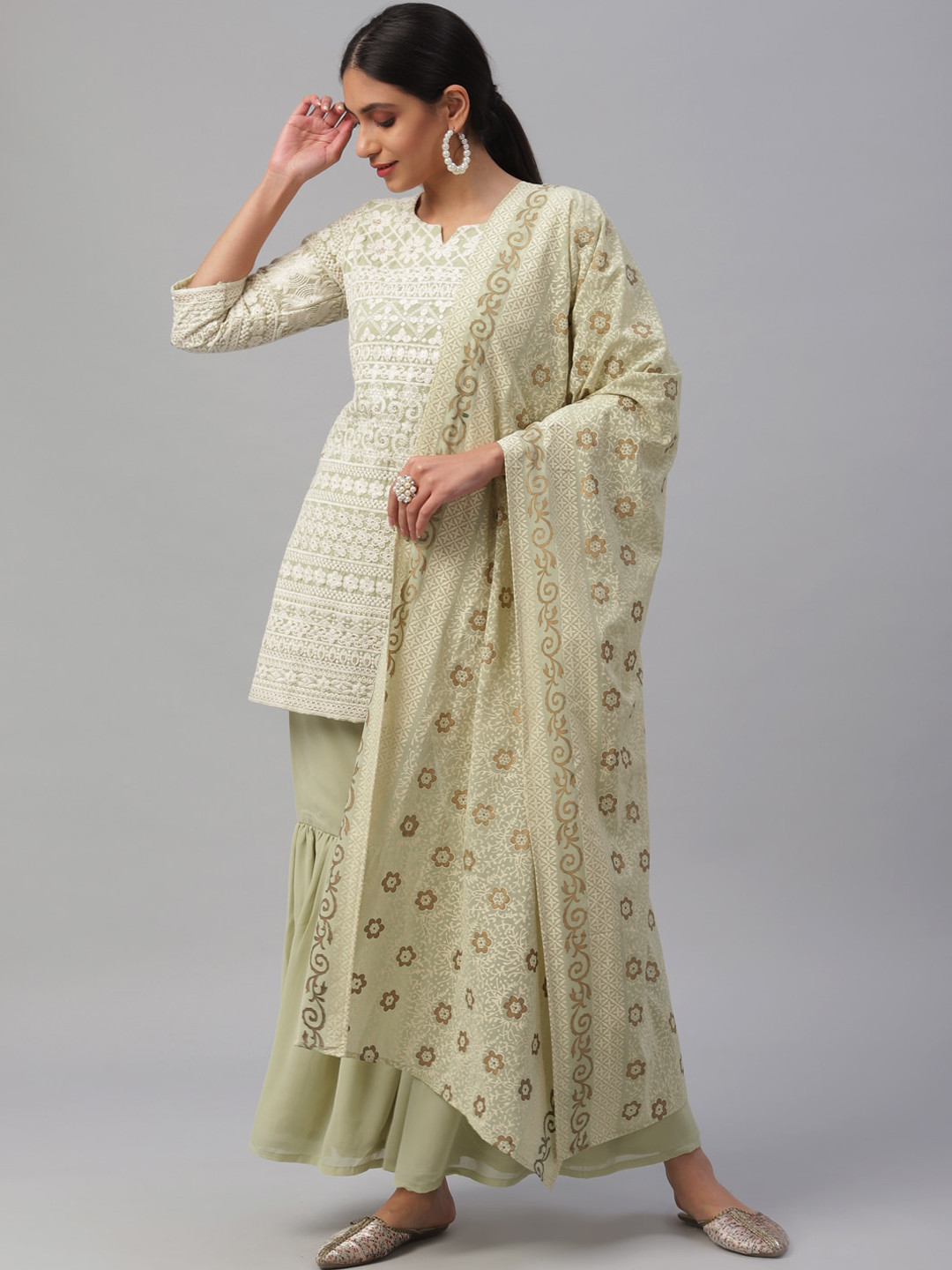 

Libas Women Green Embroidered Kurta with Palazzos & Dupatta