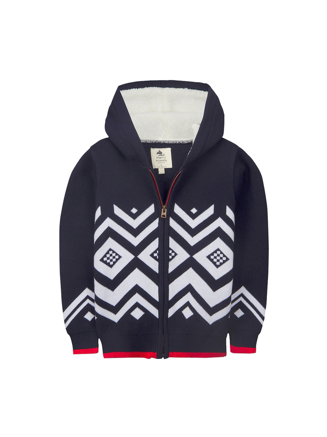 

Cherry Crumble Kids Navy Blue & White Printed Front-Open Sweater