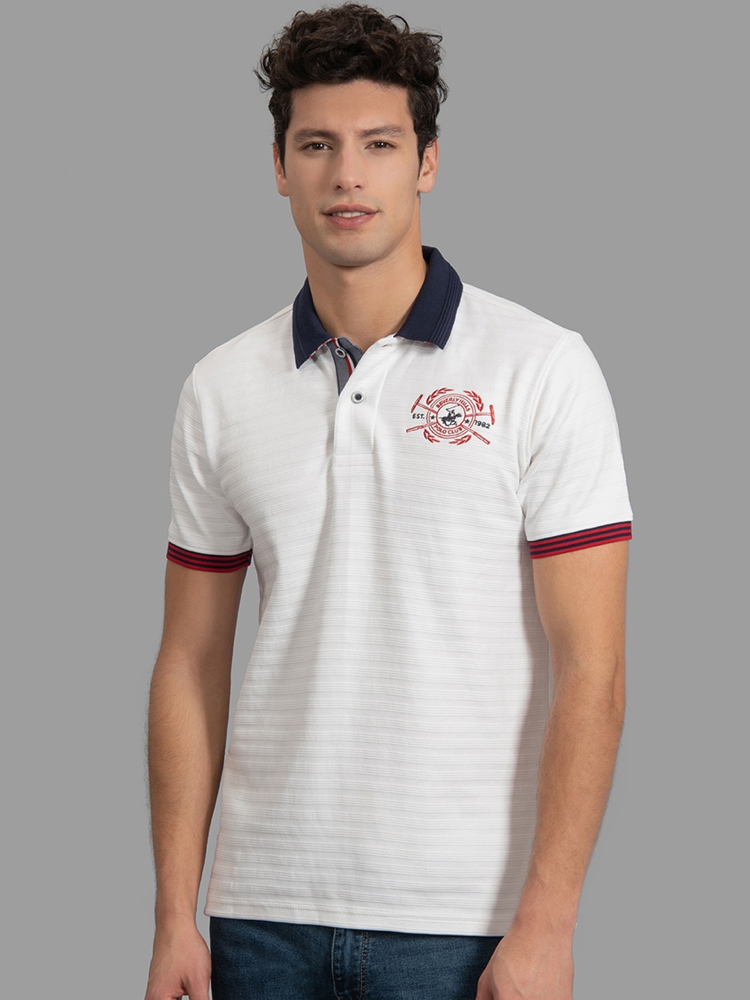 

Beverly Hills Polo Club Men White Striped Polo Collar T-shirt