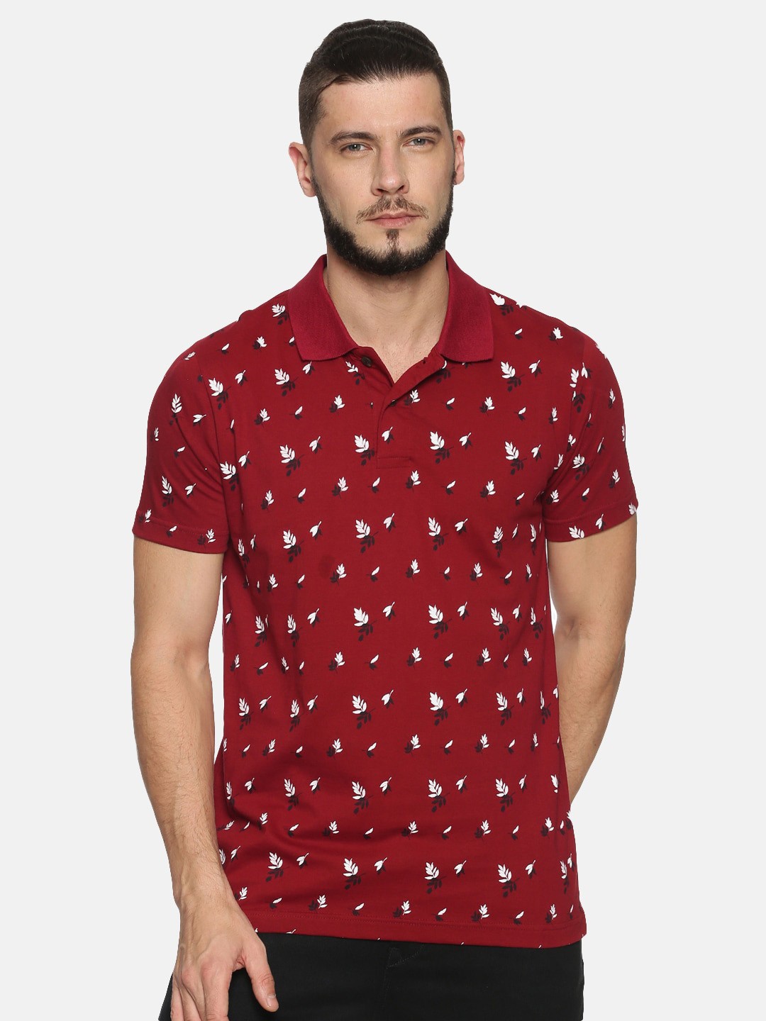 

Kryptic Men Maroon White Leaf Print Polo Collar Pure Cotton T-shirt