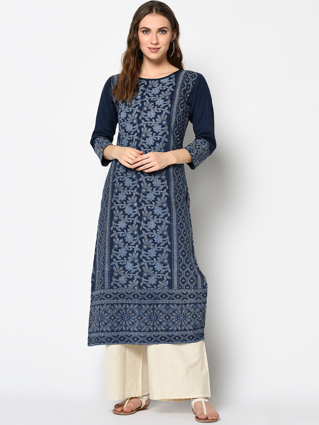 

Kvsfab Women Navy Blue Printed Straight Kurta