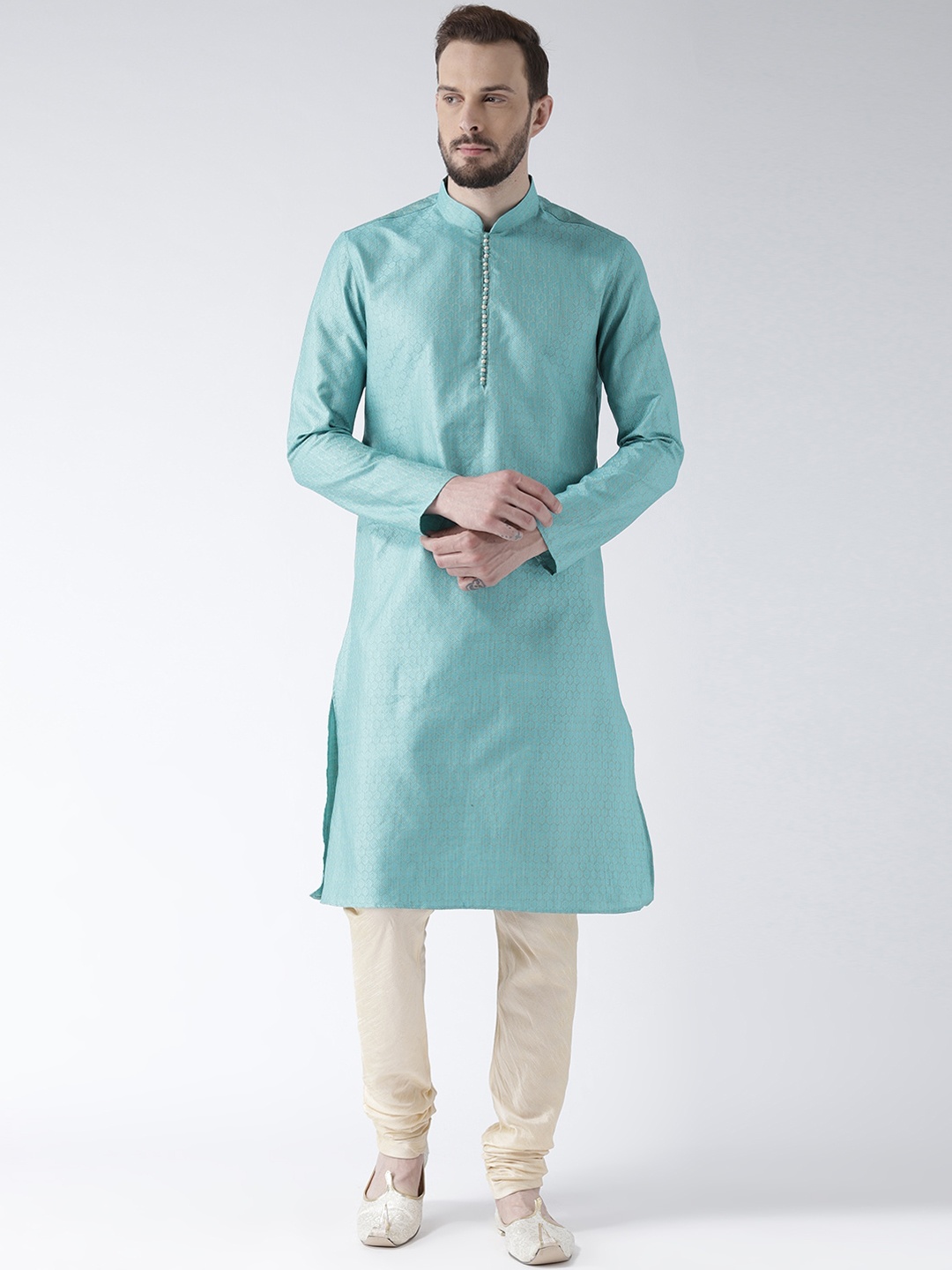 

LAMAAYA Men Blue Woven Design Straight Banarasi Silk Kurta