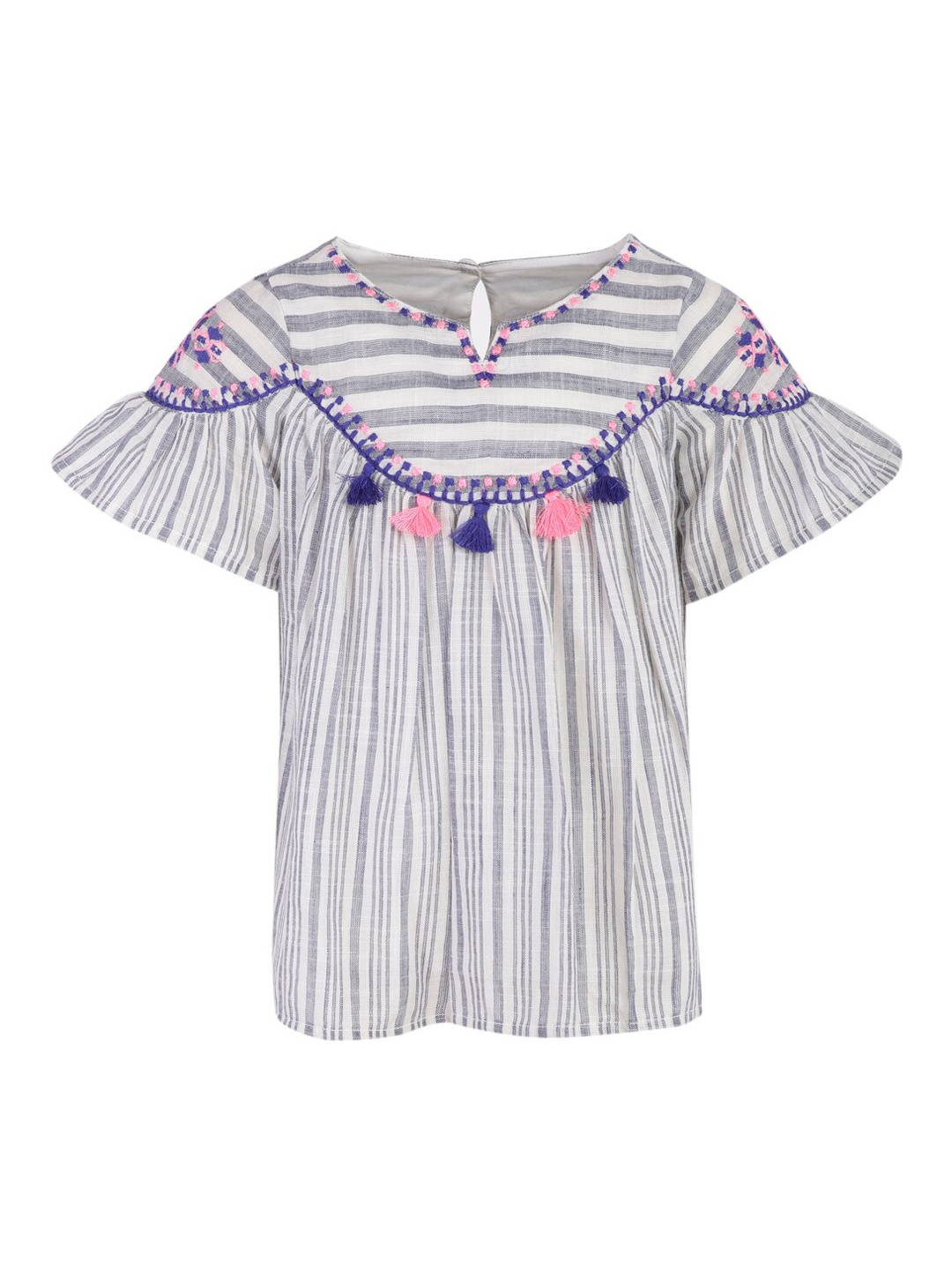 

A Little Fable Girls Grey & White Striped Pure Cotton Top