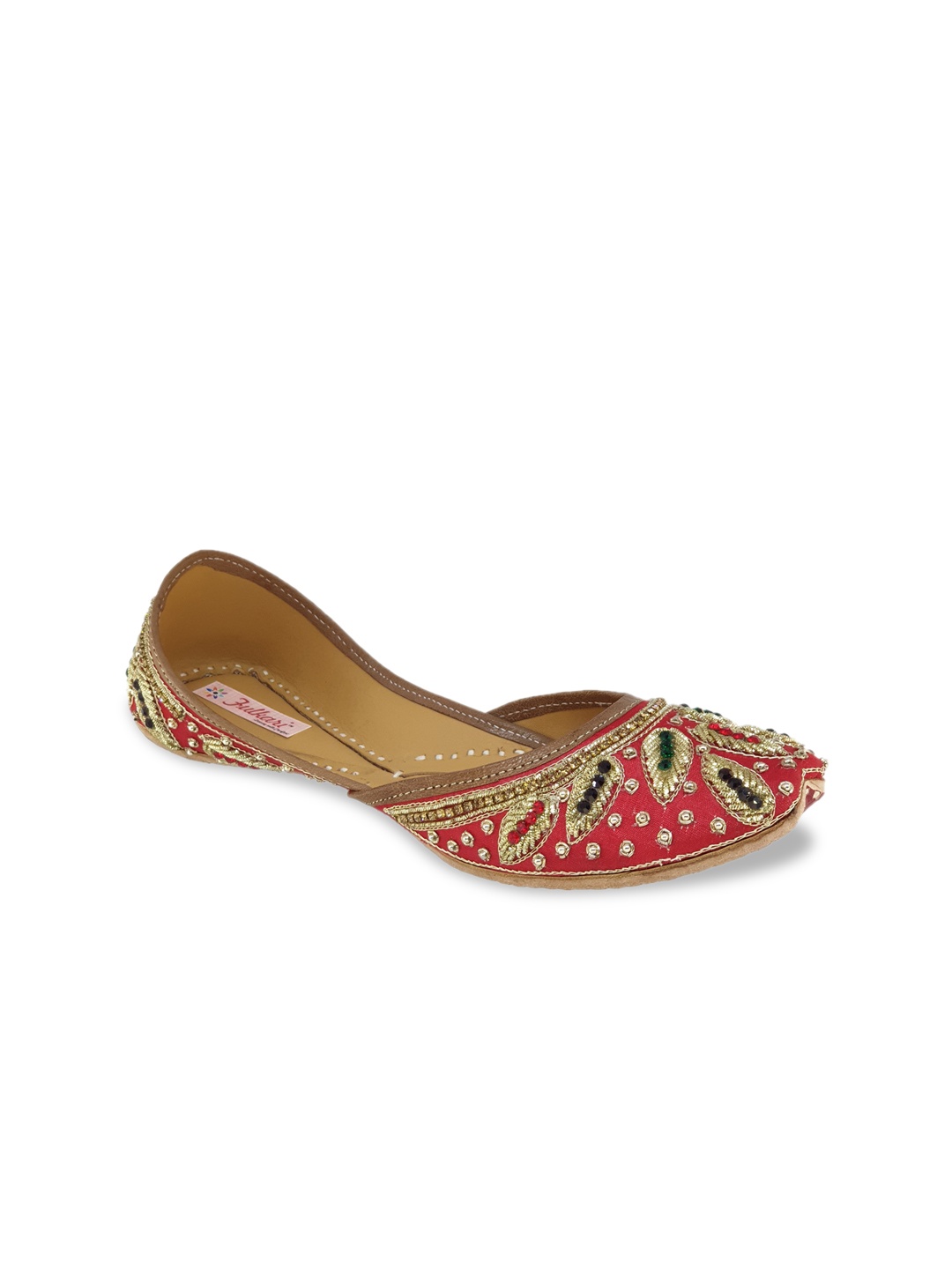 

Fulkari Women Red Embellished Leather Mojaris