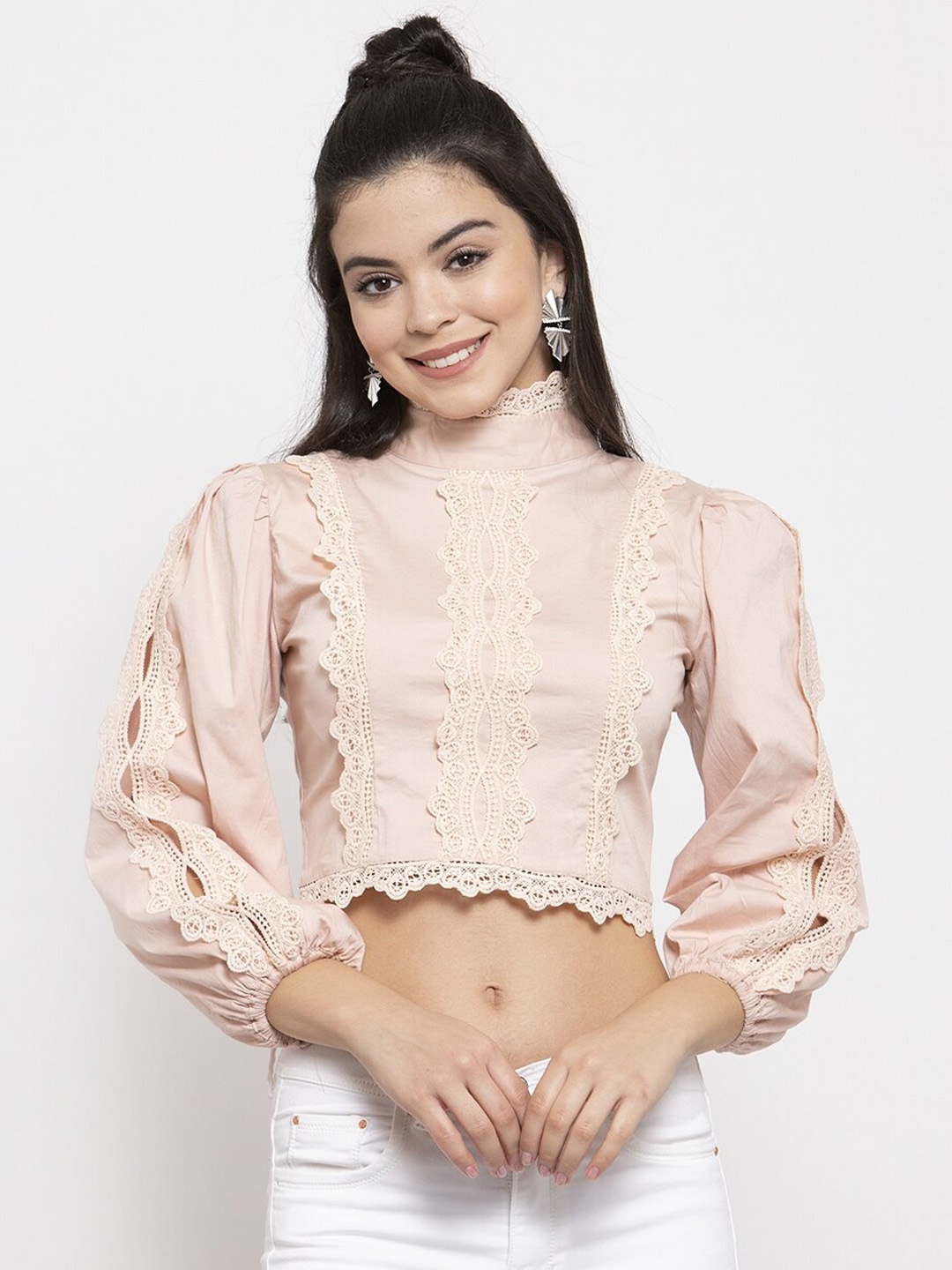 

KASSUALLY Women Peach Lace Victorian Crop Top