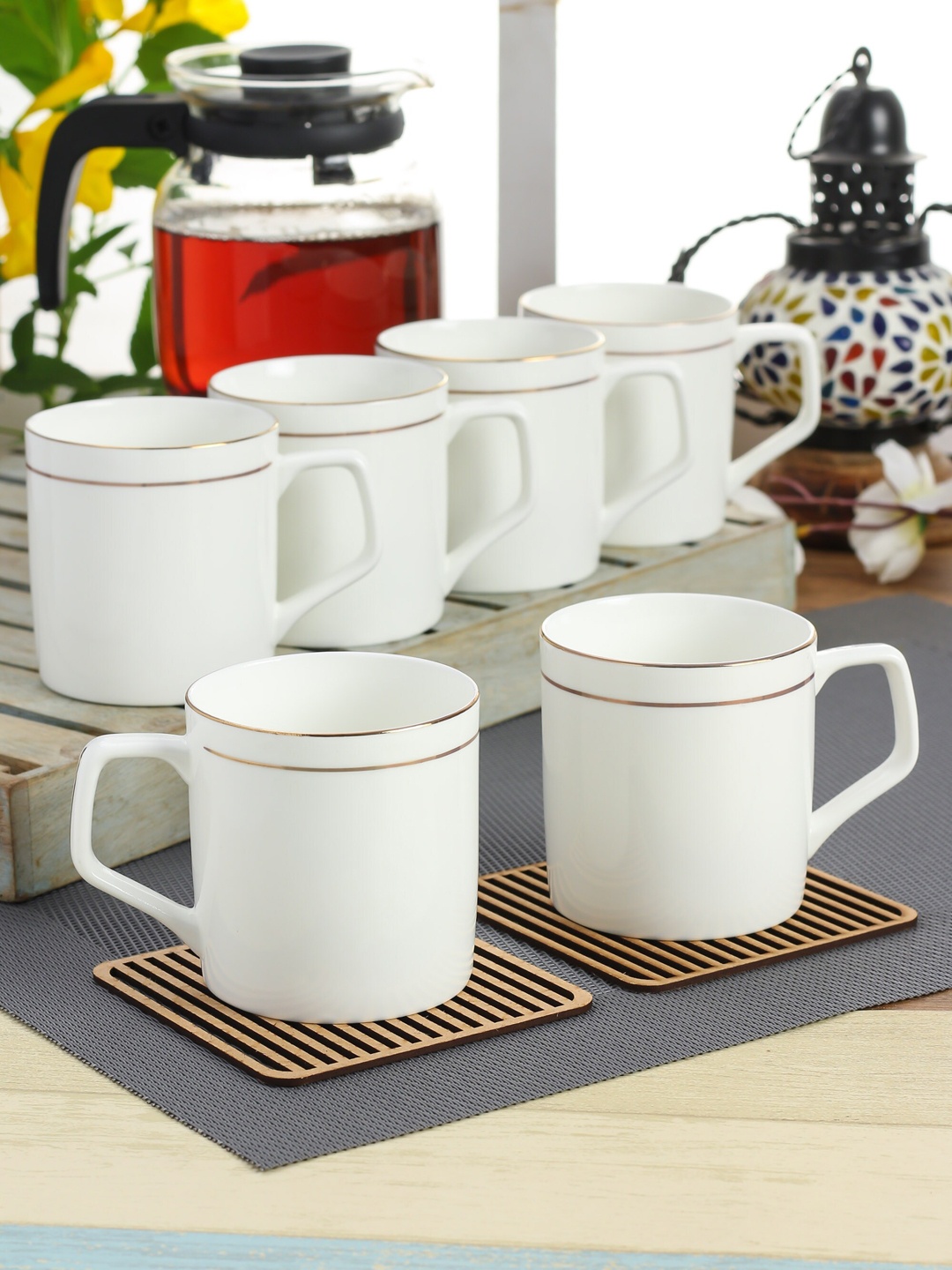 

CLAY CRAFT White & Gold Toned 6 Pieces Glossy Ceramic Cups - 180 ml Each
