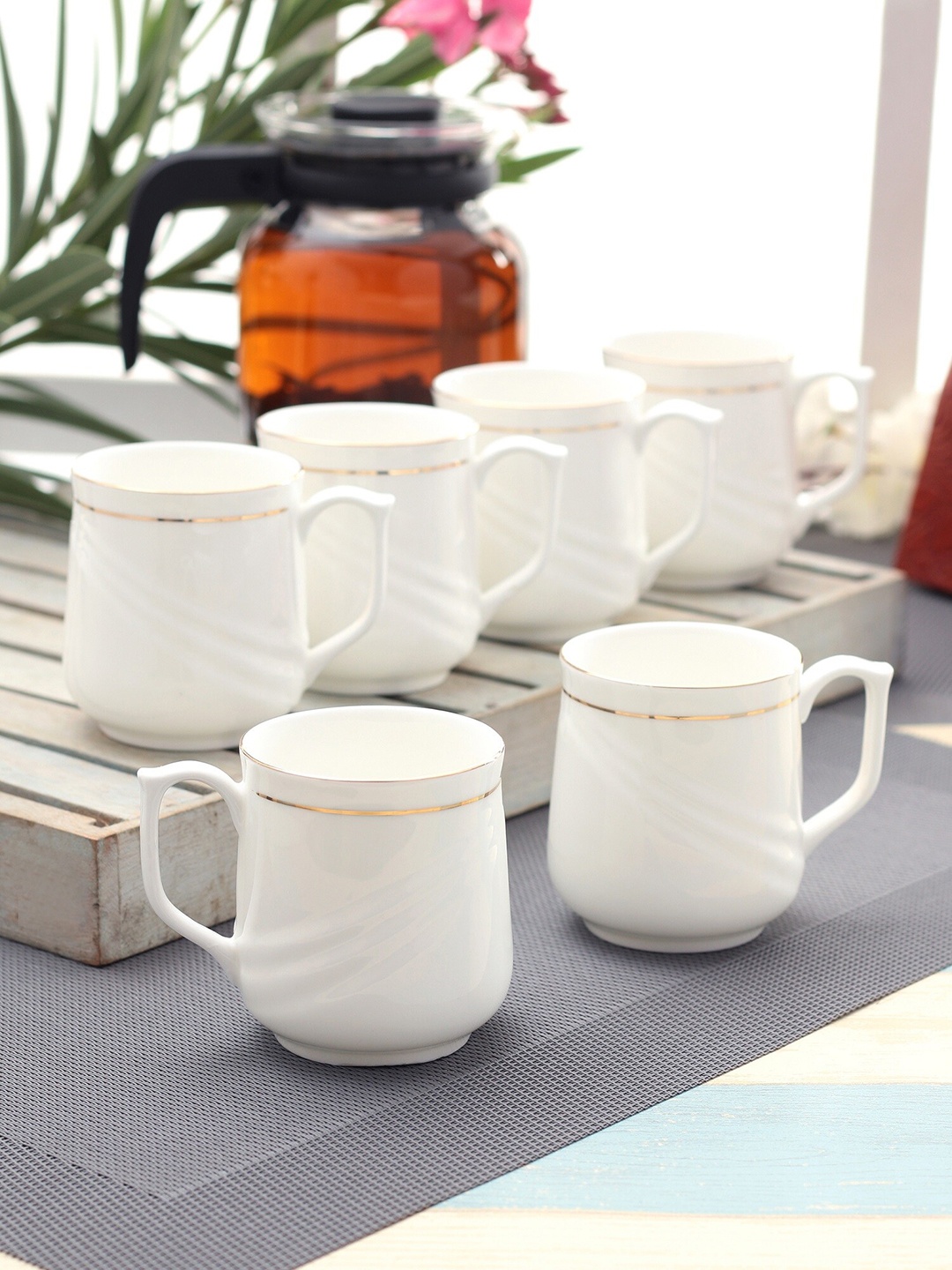 

CLAY CRAFT White & Gold Toned 6 Pieces Glossy Ceramic Cups - 180 ml Each