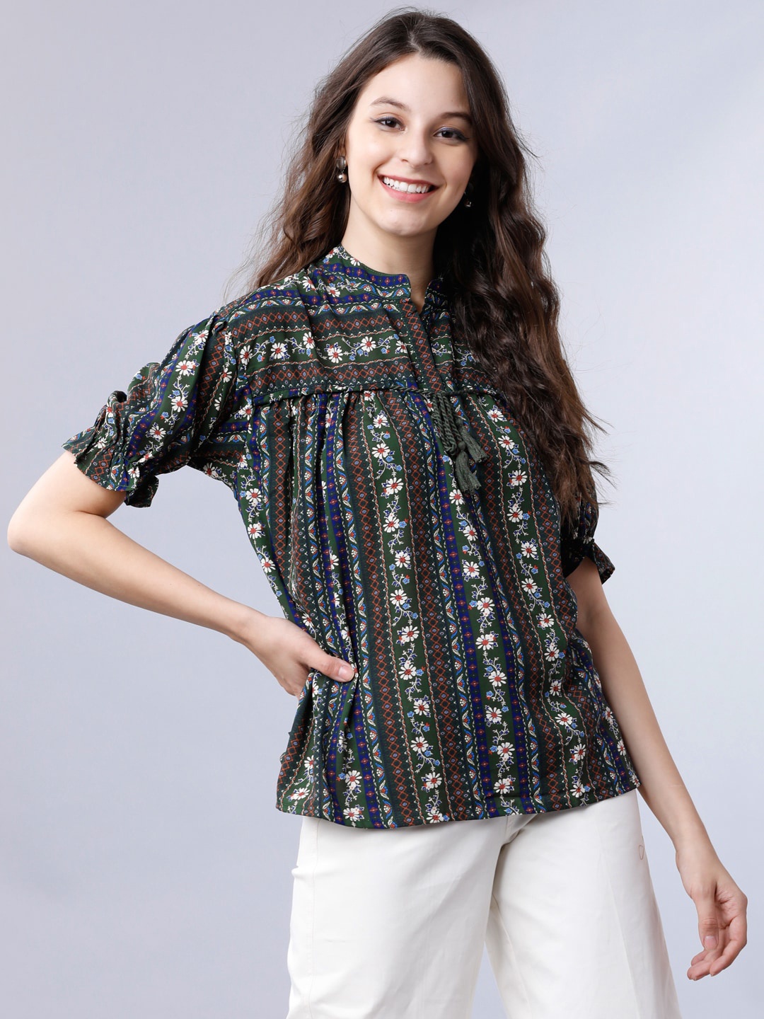 

Tokyo Talkies Women Olive Green Printed A-Line Top