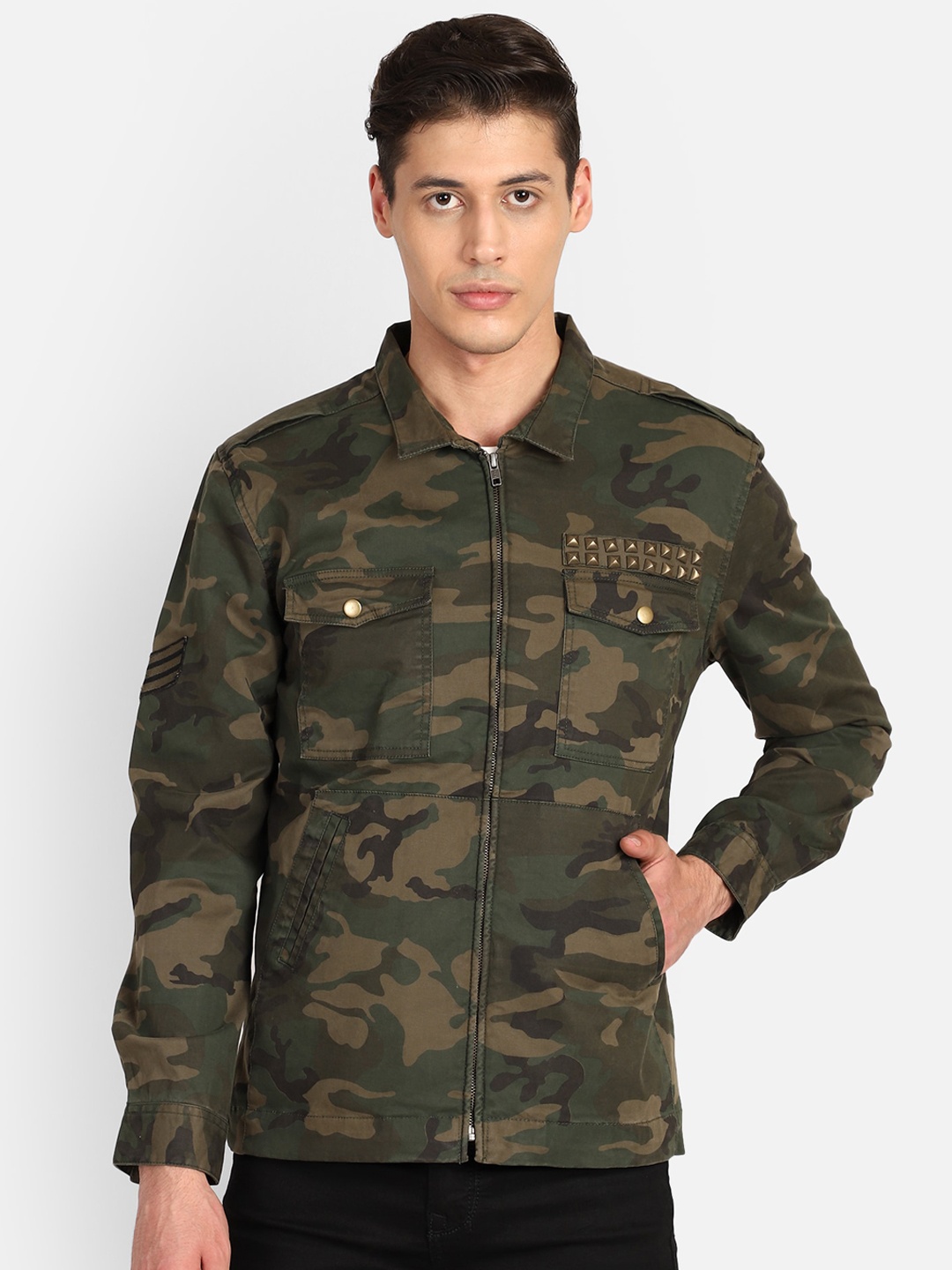 

PUNK Men Olive Green Camouflage Printed Lightweight Tailored Jacket