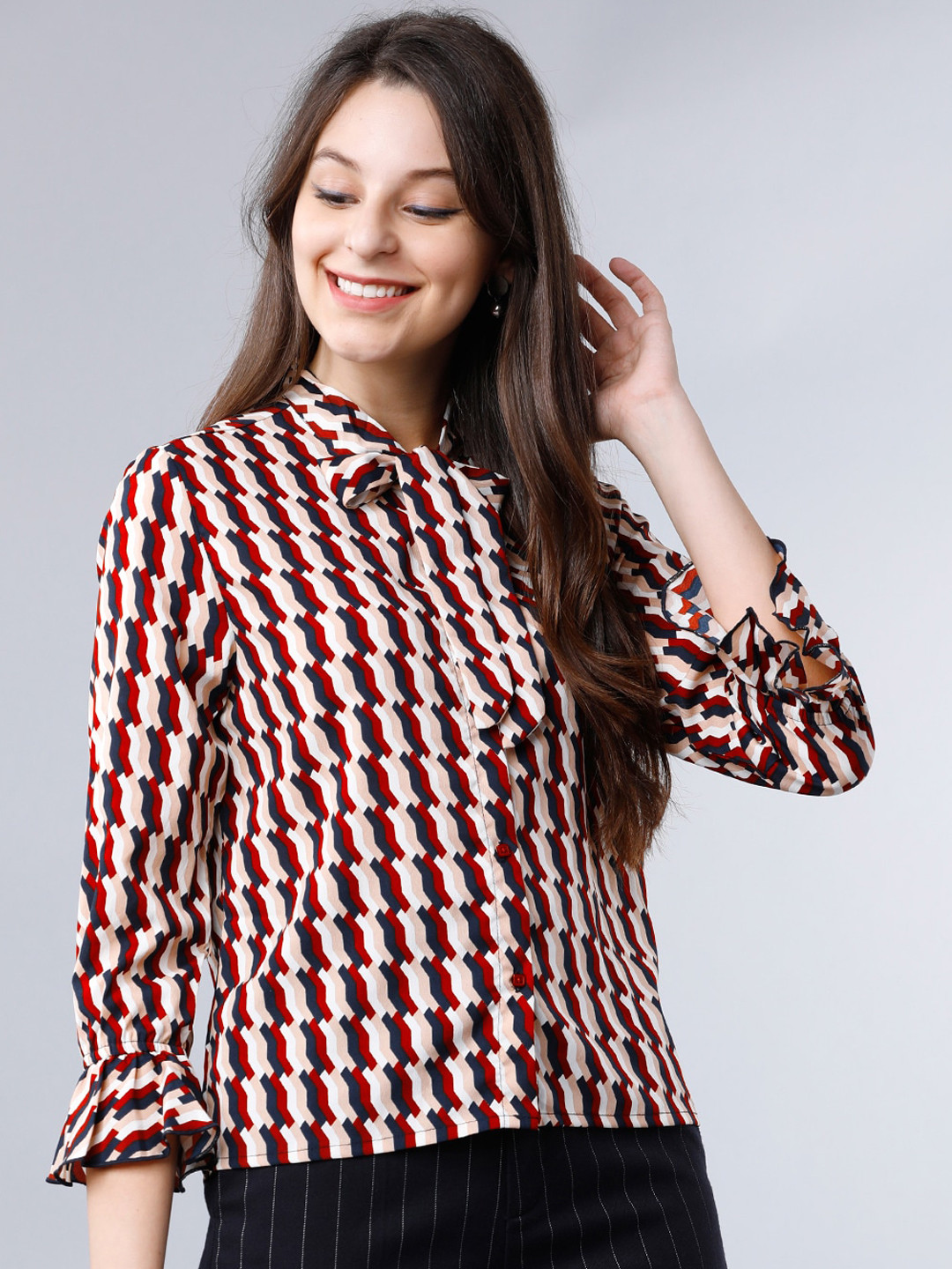 

Tokyo Talkies Women Rust Brown & Cream Printed Shirt Style Top
