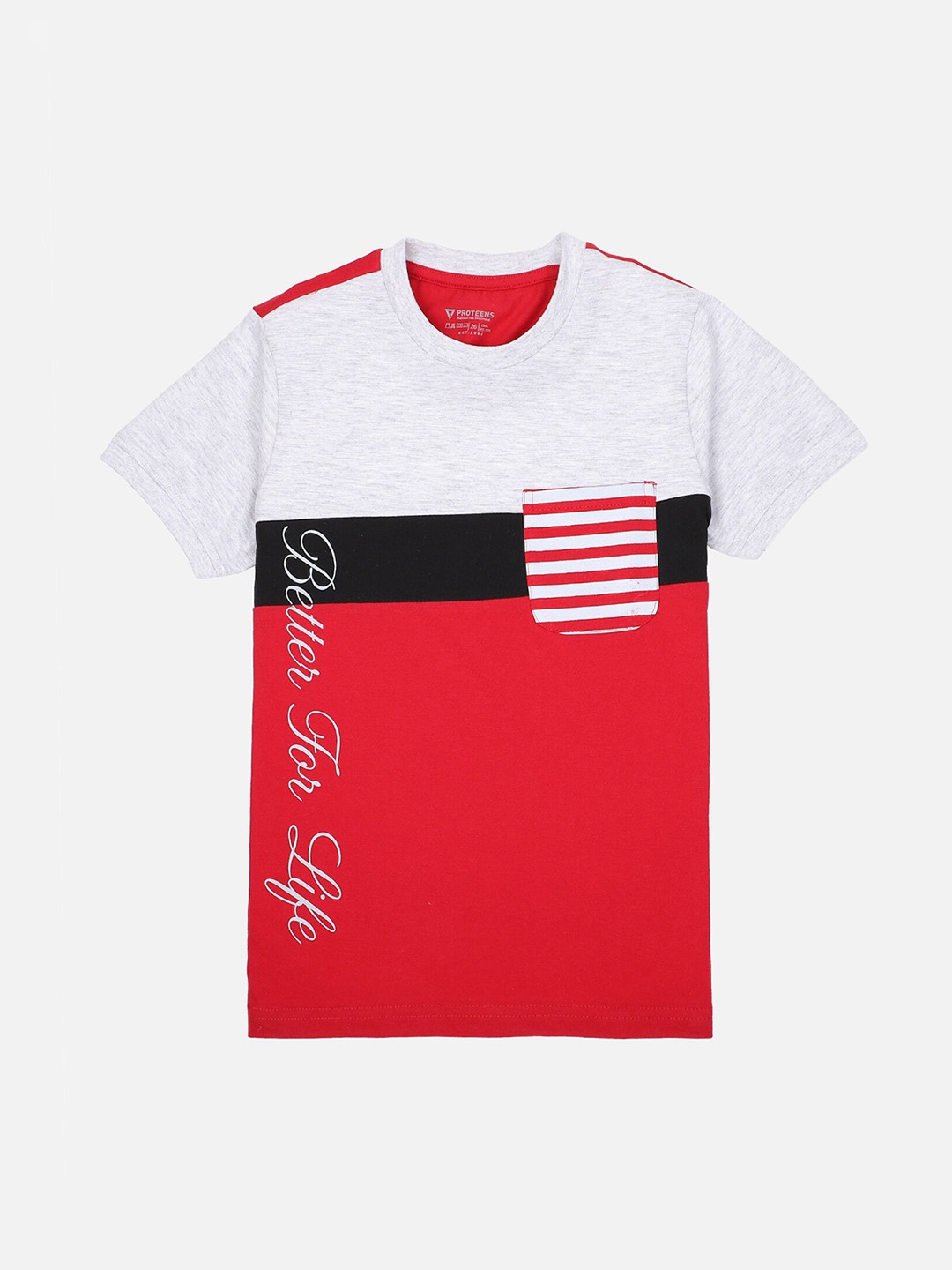 

PROTEENS Boys Red & Grey Melange Colourblocked T-shirt