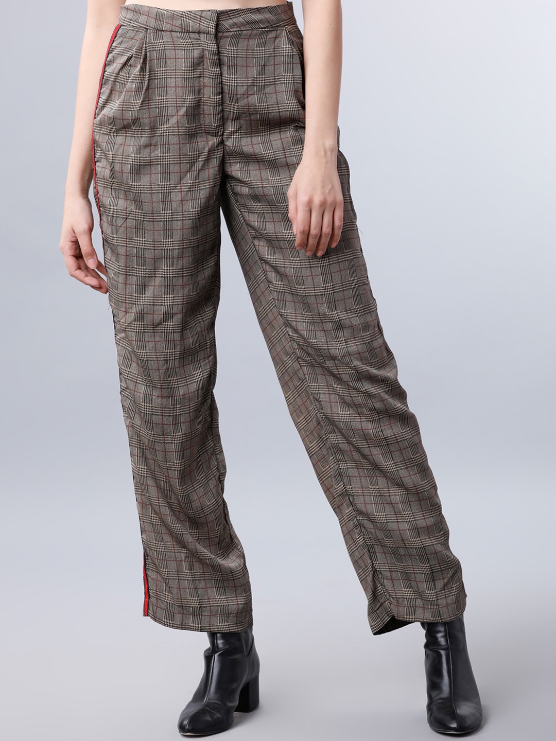 Tokyo Talkies Women Brown Regular Fit Checked Regular Trousers