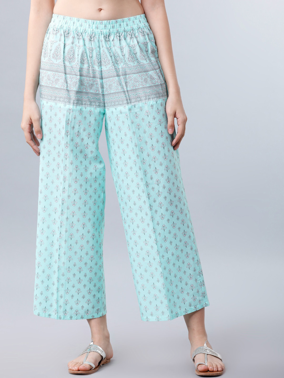 

Vishudh Women Turquoise Blue Printed Straight Palazzos