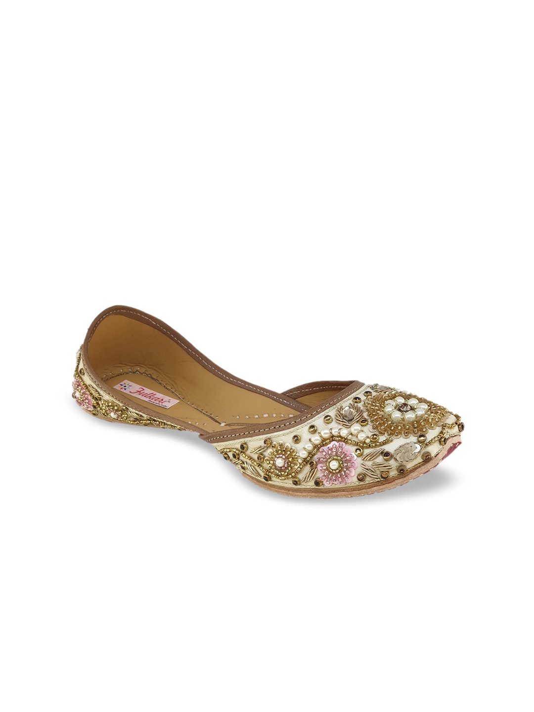 

Fulkari Women Beige Embellished Leather Mojaris