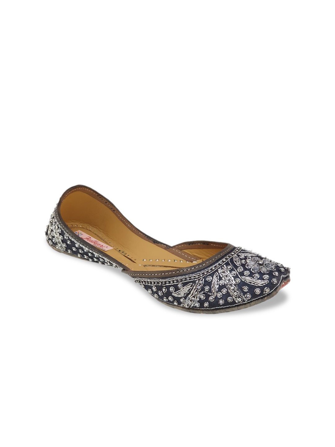 

Fulkari Women Grey Embellished Leather Ballerinas