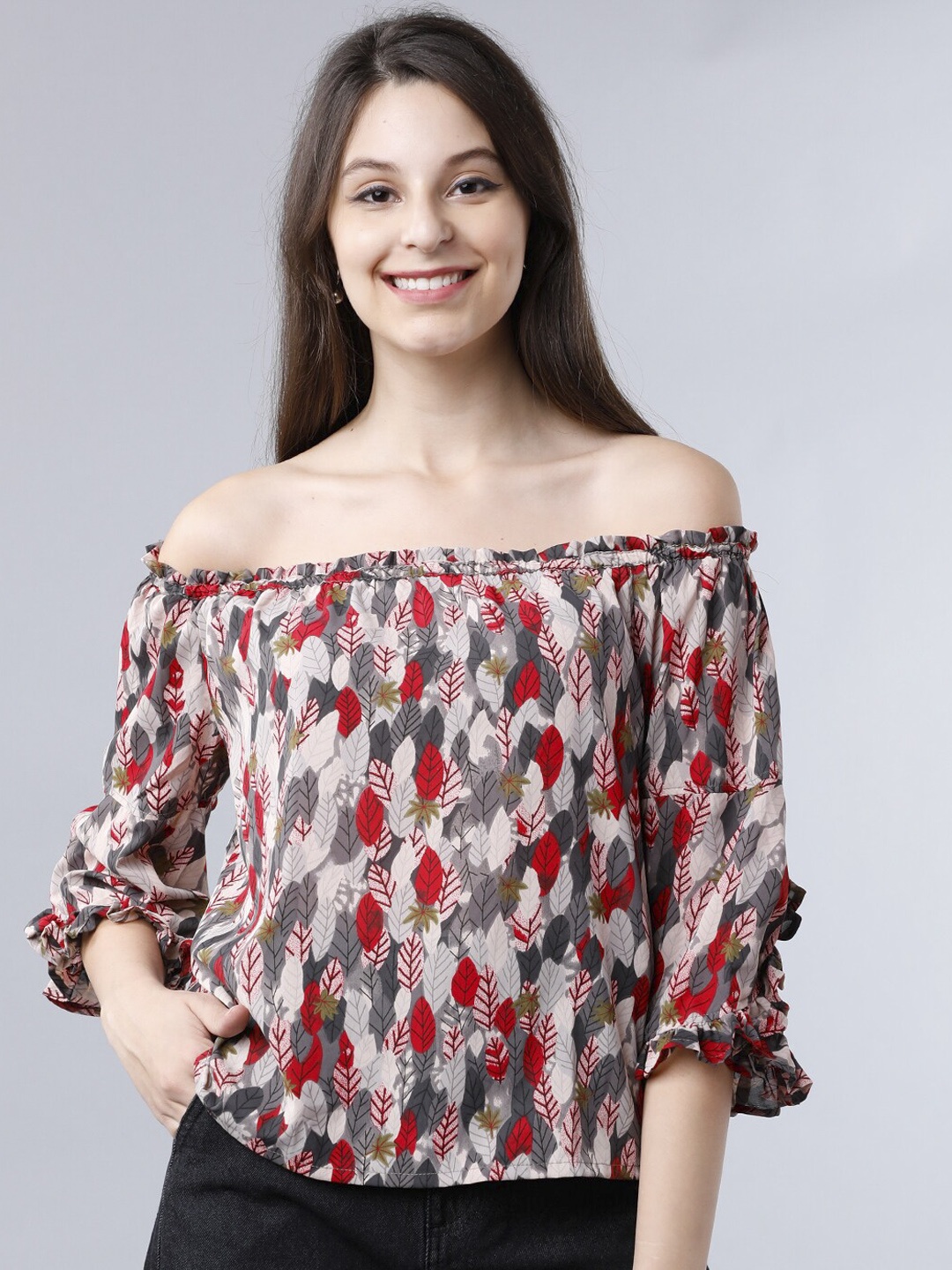 

Tokyo Talkies Women Grey Printed Bardot Top