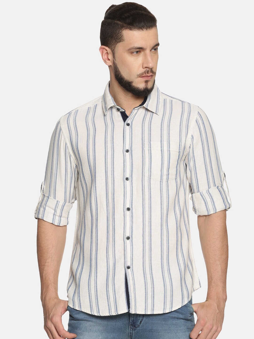 

IVOC Men Off-White & Grey Slim Fit Striped Casual Shirt