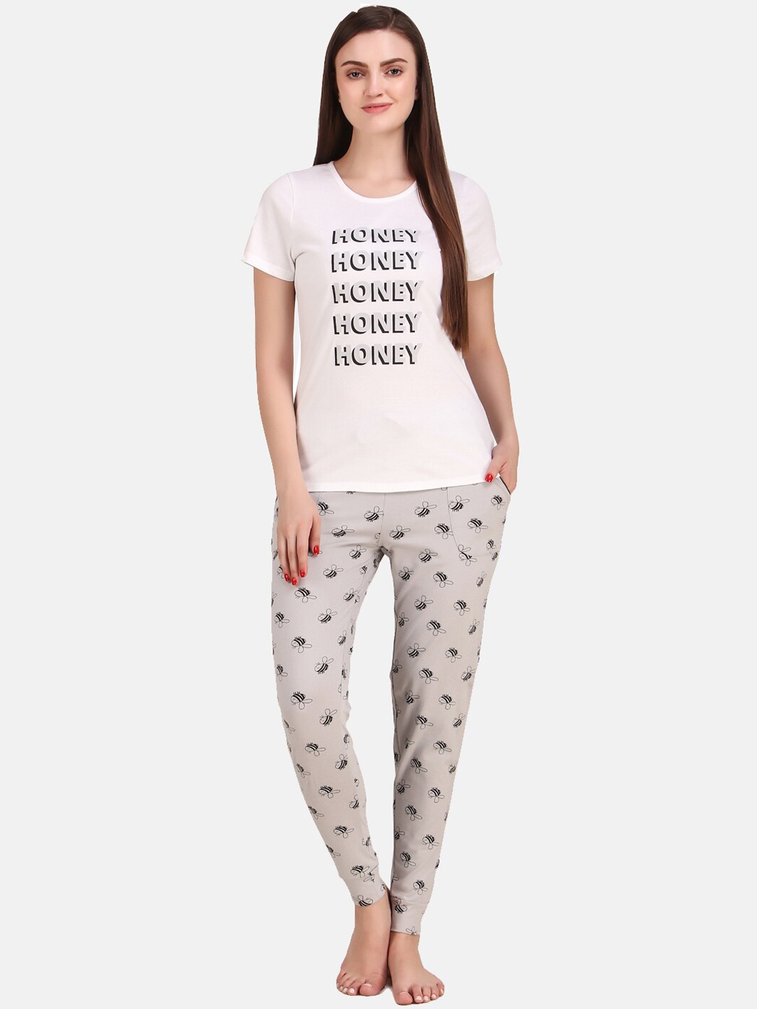 

Masha Women White & Grey Printed Night suit