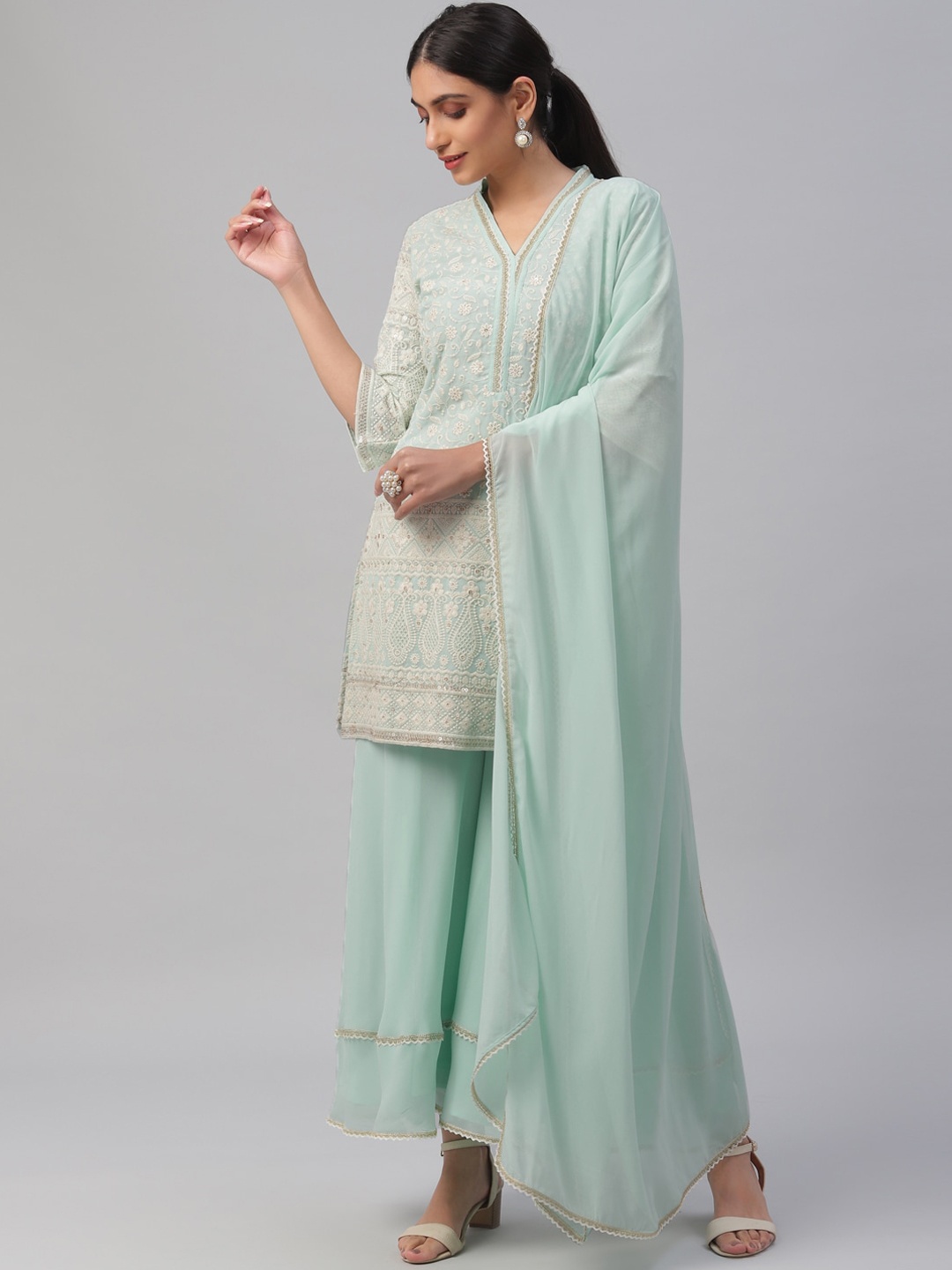

Libas Women Blue Embroidered Kurti with Palazzos & Dupatta