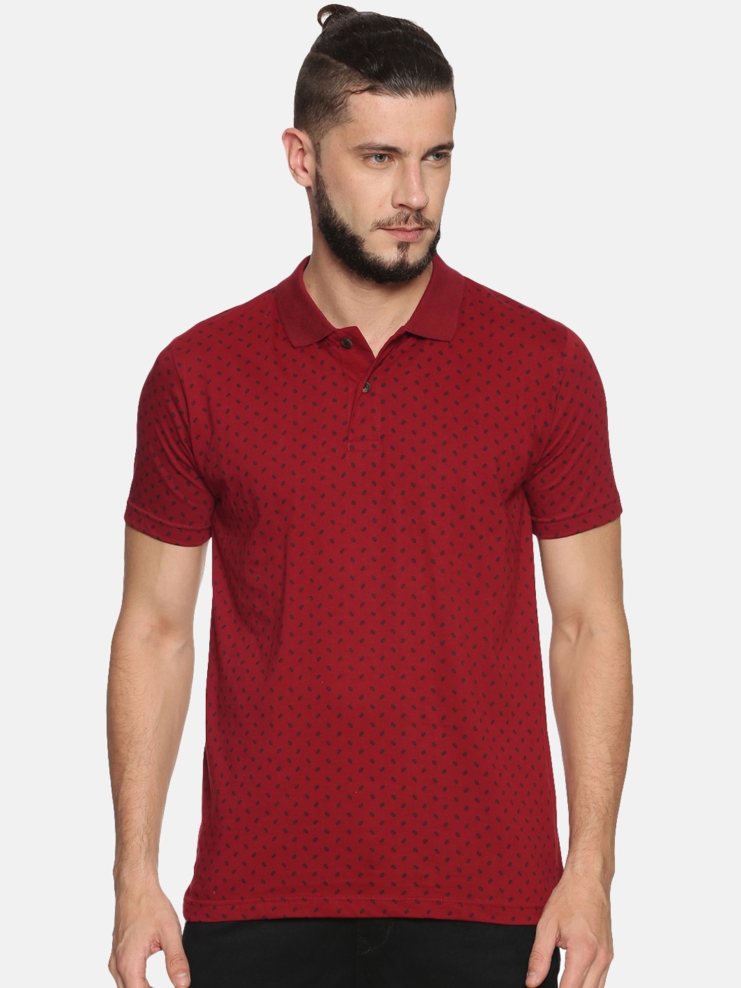 

Kryptic Men Maroon Black Printed Polo Collar Pure Cotton T-shirt