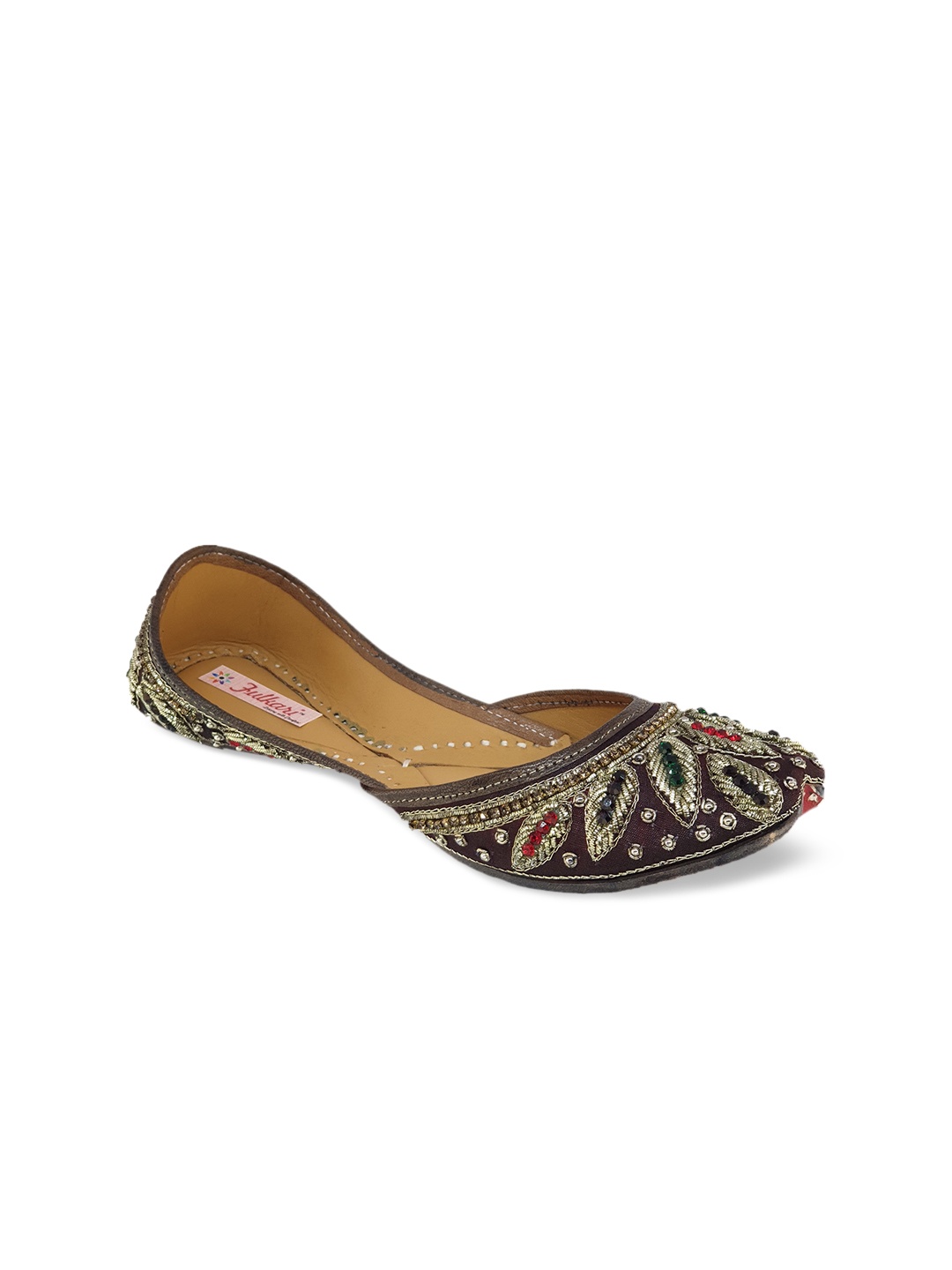 

Fulkari Women Maroon Embellished Leather Mojaris