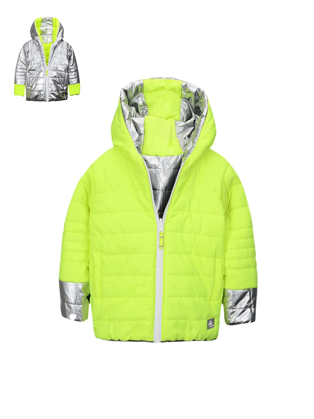 

Cherry Crumble Kids Silver & Fluorescent Green Reversible Padded Jacket