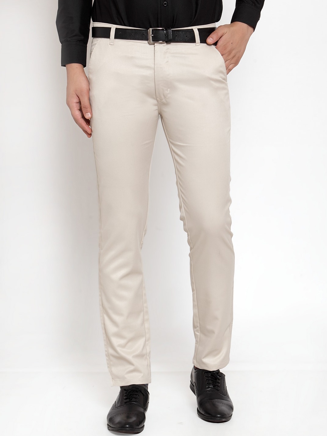 

JAINISH Men Cream-Coloured Smart Slim Fit Solid Formal Trousers