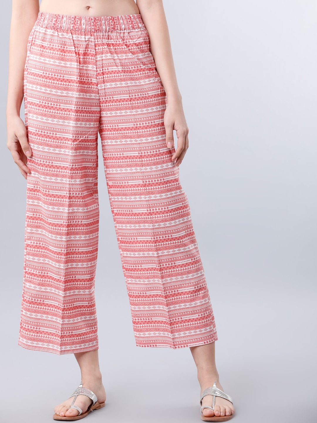 

Vishudh Women Pink & White Striped Straight Palazzos