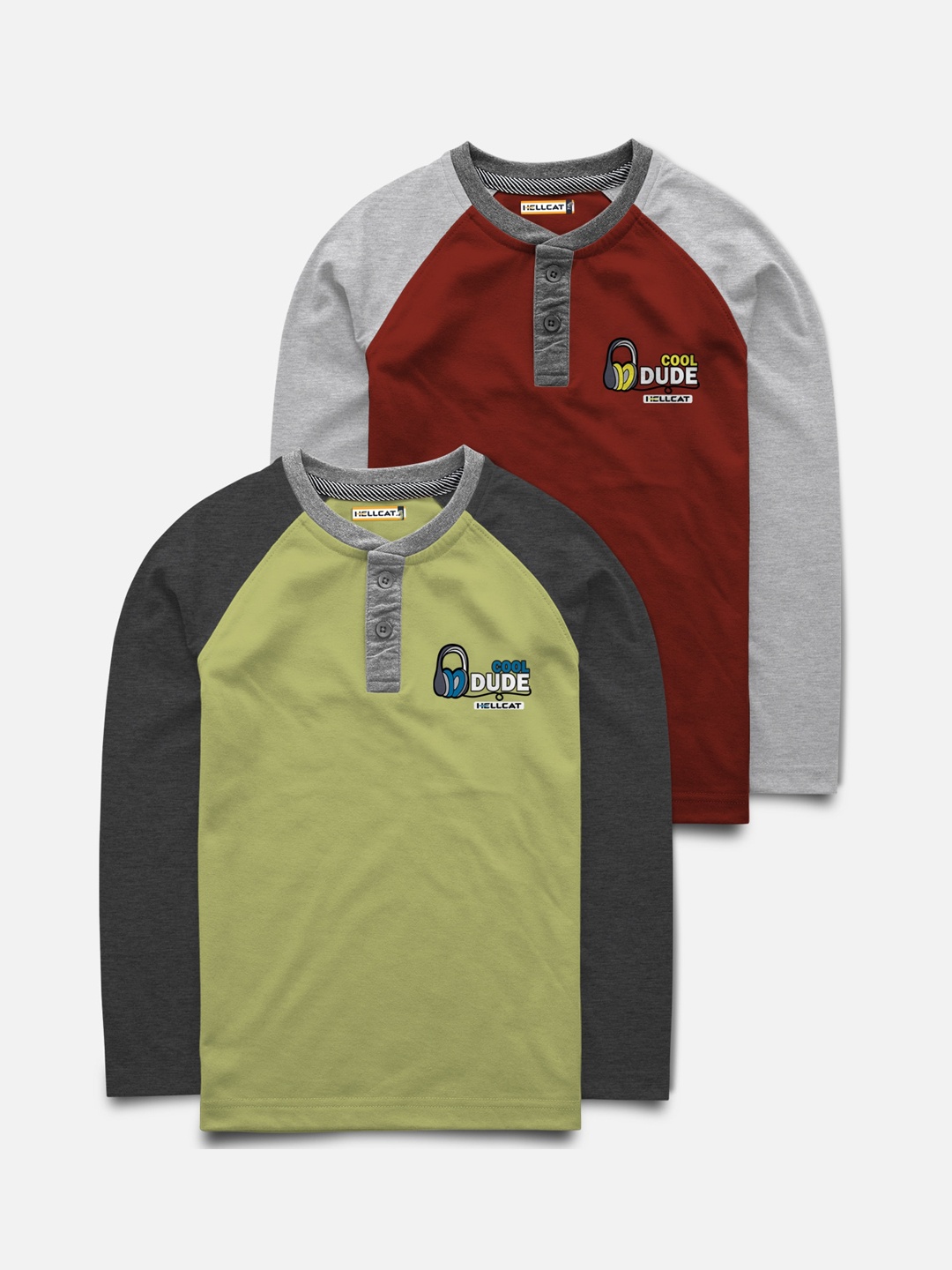

HELLCAT Boys Pack Of 2 Colourblocked Henley Neck T-shirt, Maroon