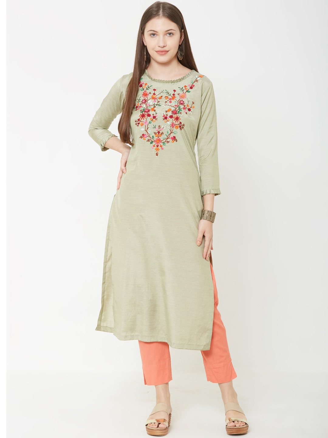 

FASHOR Women Green & Red Embroidered Straight Kurta