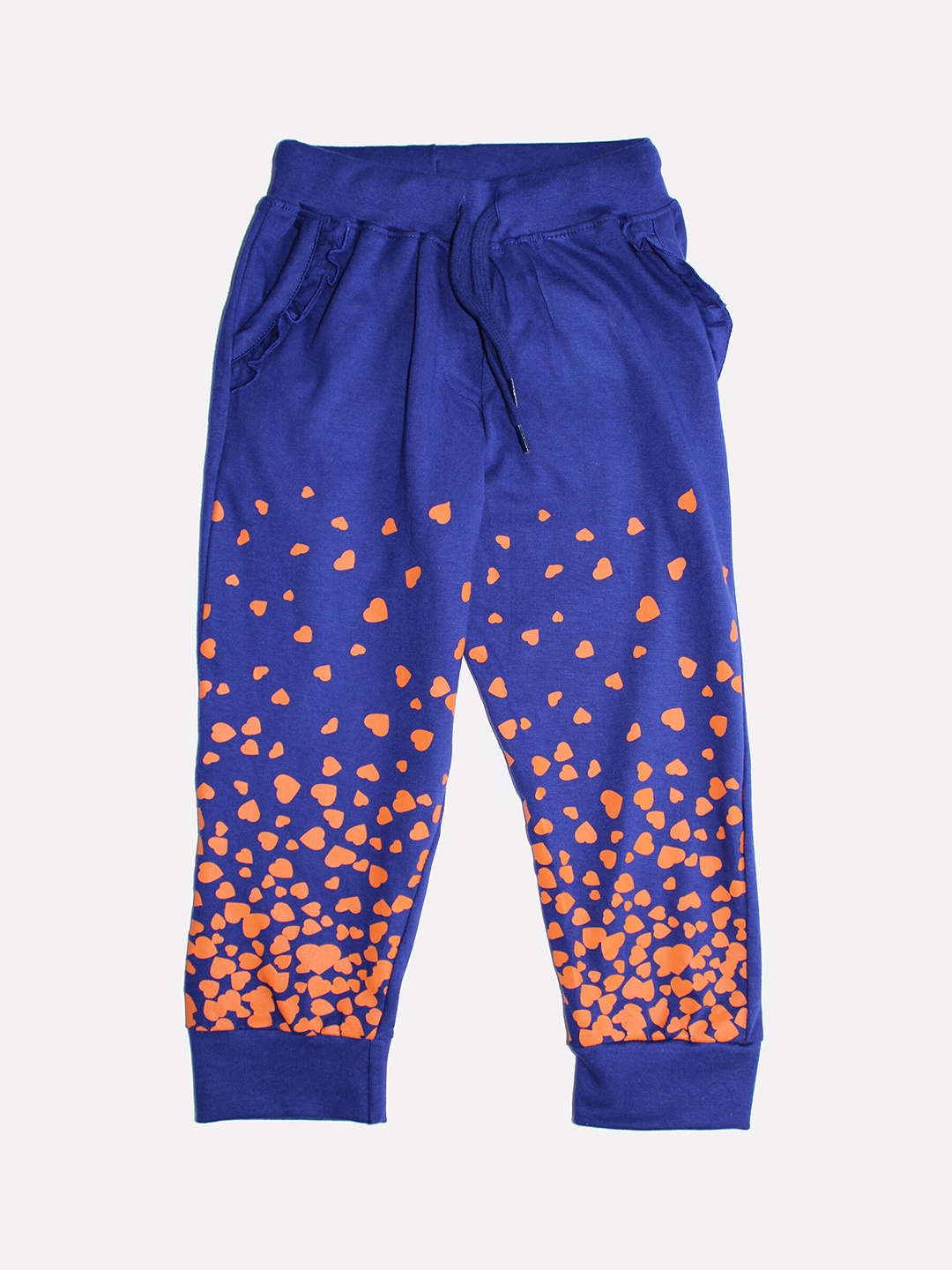 

KiddoPanti Girls Navy Blue & Orange Heart Printed Straight-Fit Joggers