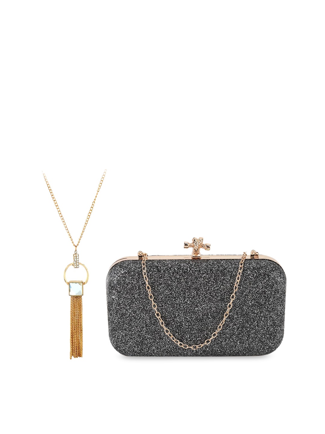 

Kazo Women Black & Gold-Toned Box Clutch with Necklace Set