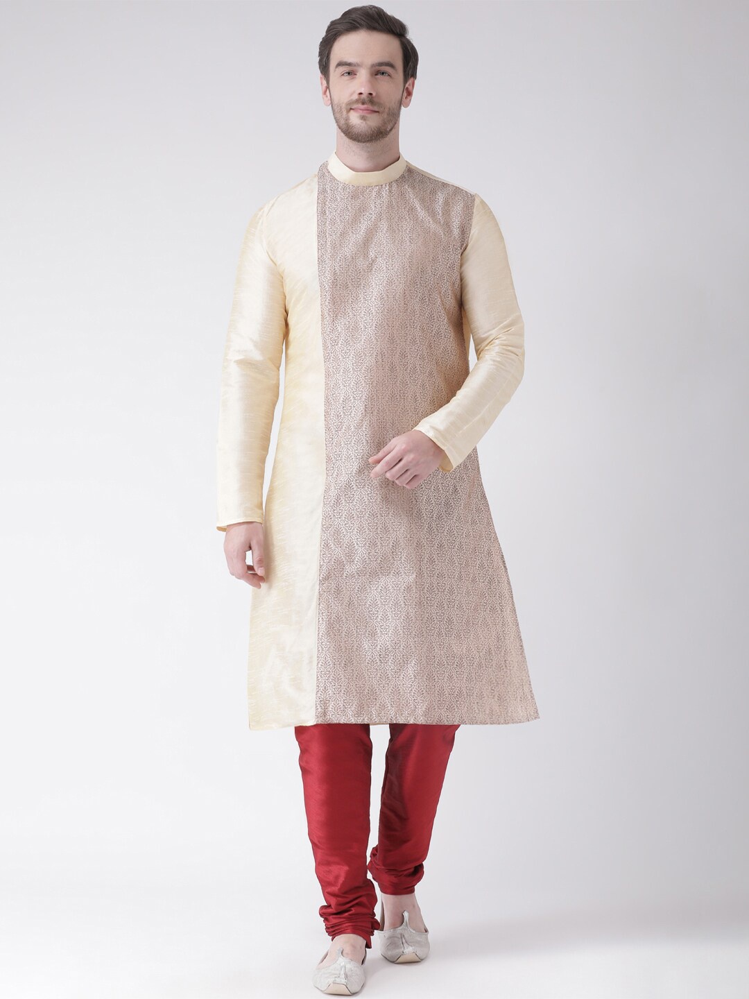

LAMAAYA Men Cream-Coloured & Maroon Kurta with Churidar