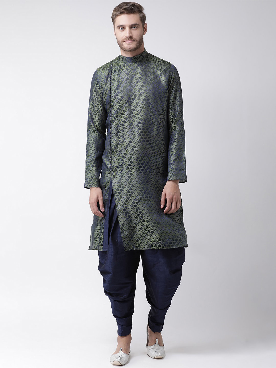 

LAMAAYA Men Green & Navy Blue Woven Design Kurta with Dhoti Pants