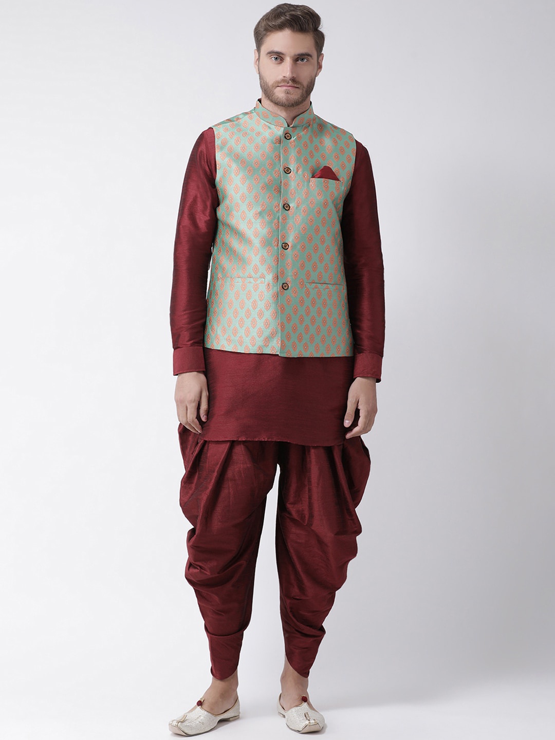 

LAMAAYA Men Dupion Silk Kurta with Patiala & Nehru Jacket, Maroon