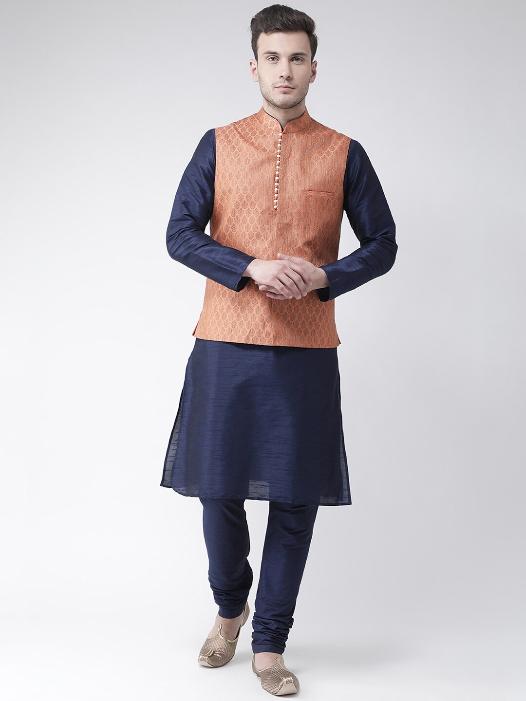 

LAMAAYA Men Orange Nehru Jacket With Dupion Silk Kurta and Churidar