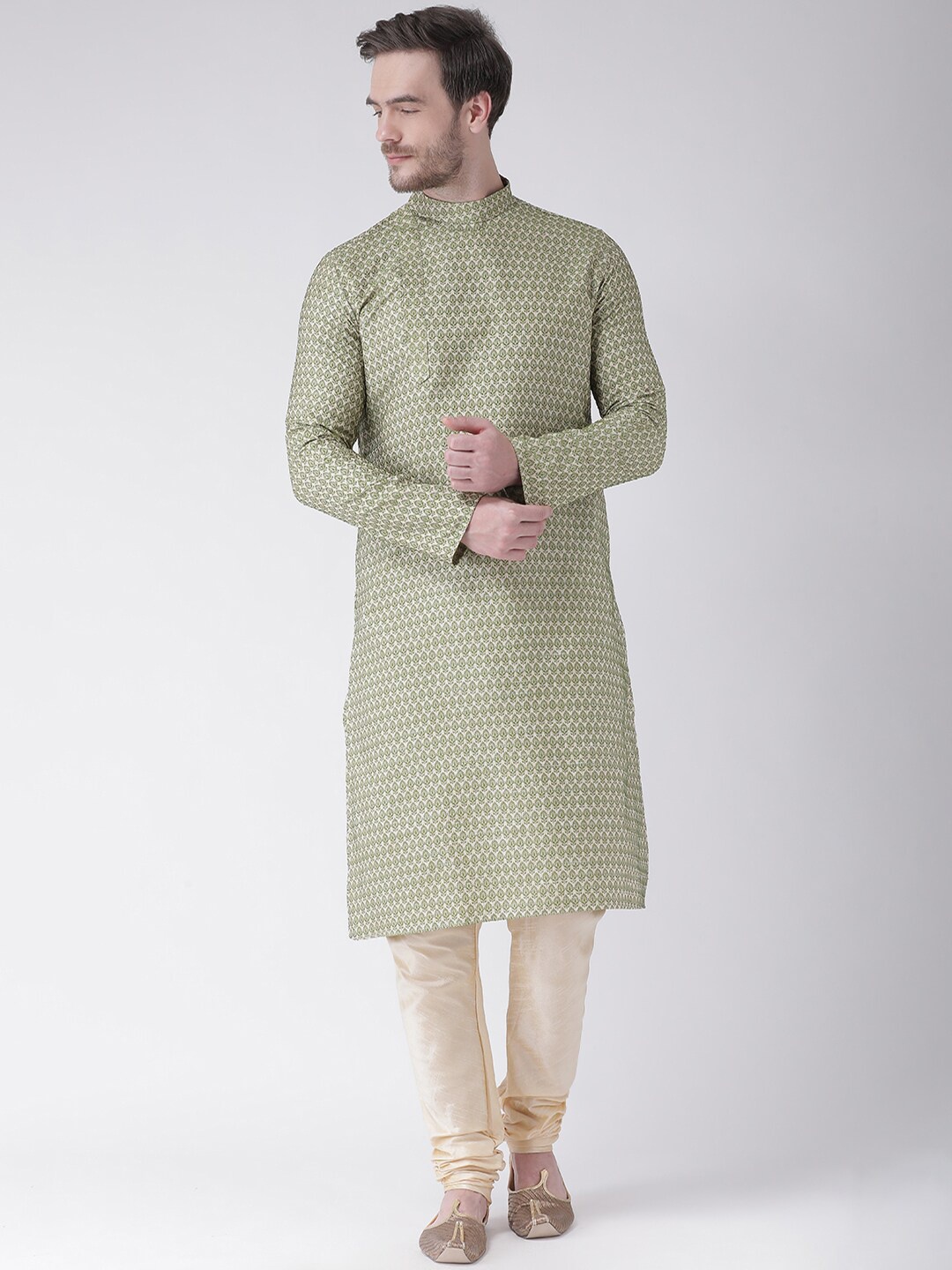 LAMAAYA Men Woven Design Kurta with Churidar, Green