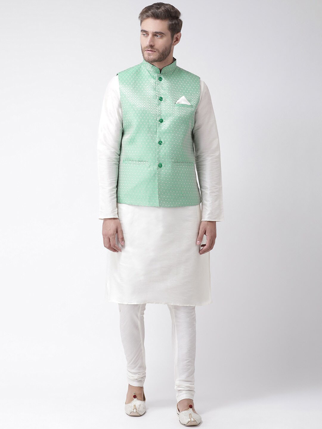 

LAMAAYA Men Green & Off-White Self Design Kurta with Churidar