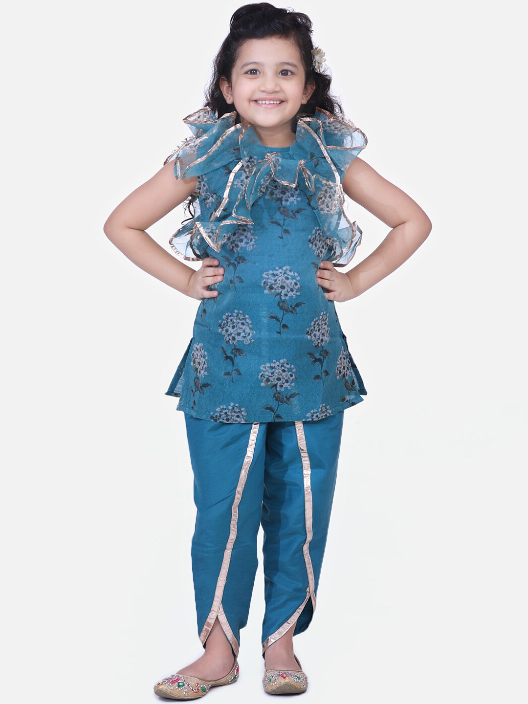 

Fairies Forever Girls Teal Blue & Grey Printed Kurta With Dhoti