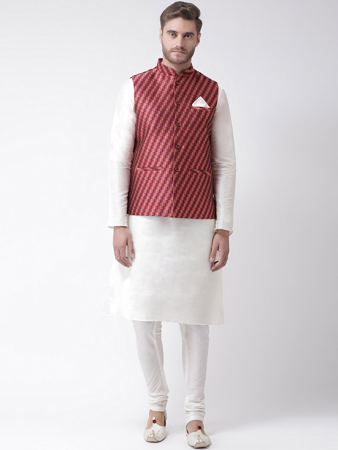 LAMAAYA Men Red & Off-White Solid Kurta with Churidar
