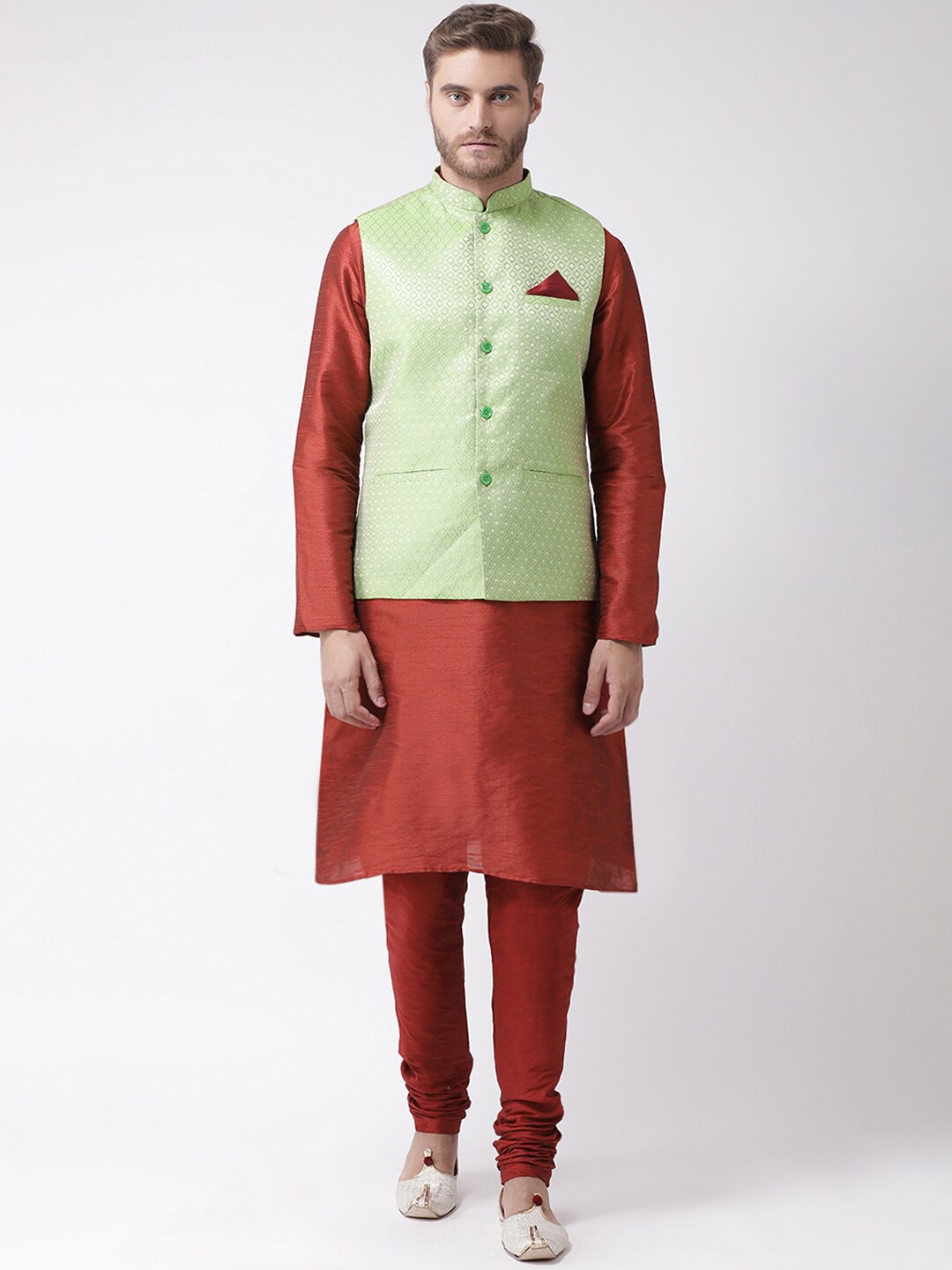 

LAMAAYA Men Red Kurta & Churidar with Nehru Jacket, Green