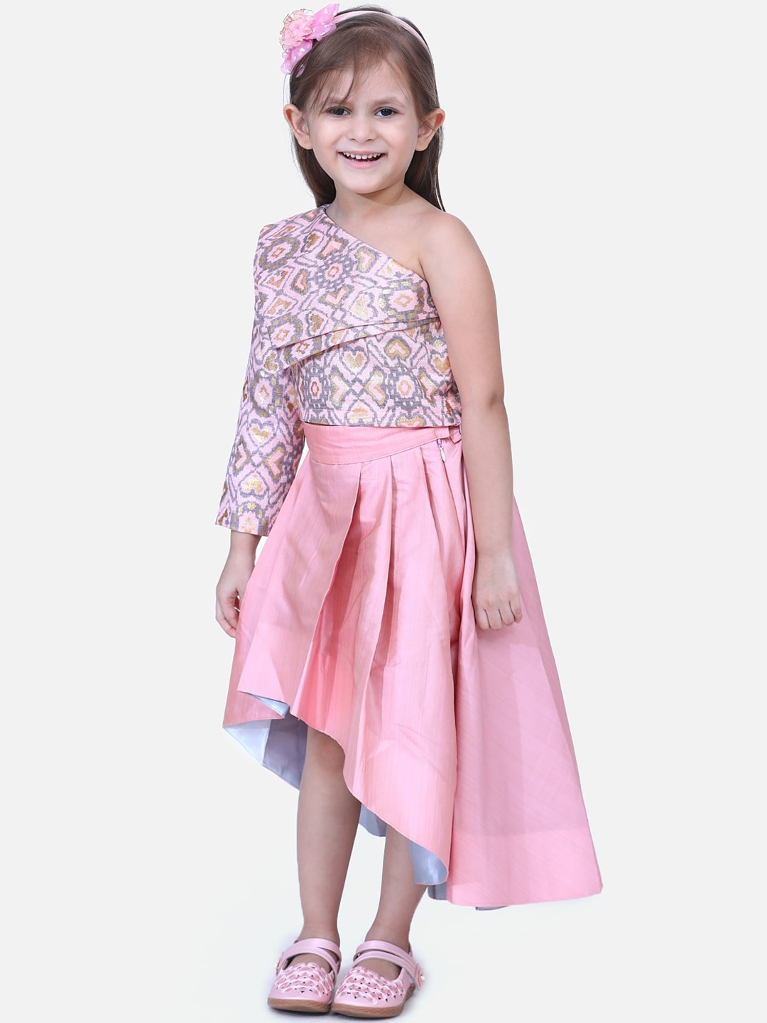 Fairies Forever Girls Pink & Grey Self Design Top with Skirt