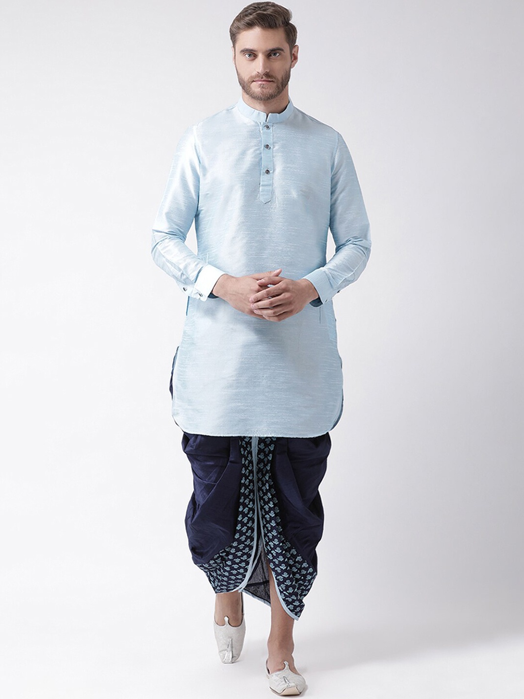 

LAMAAYA Men Blue Banarasi Silk Kurta With Printed Dhoti