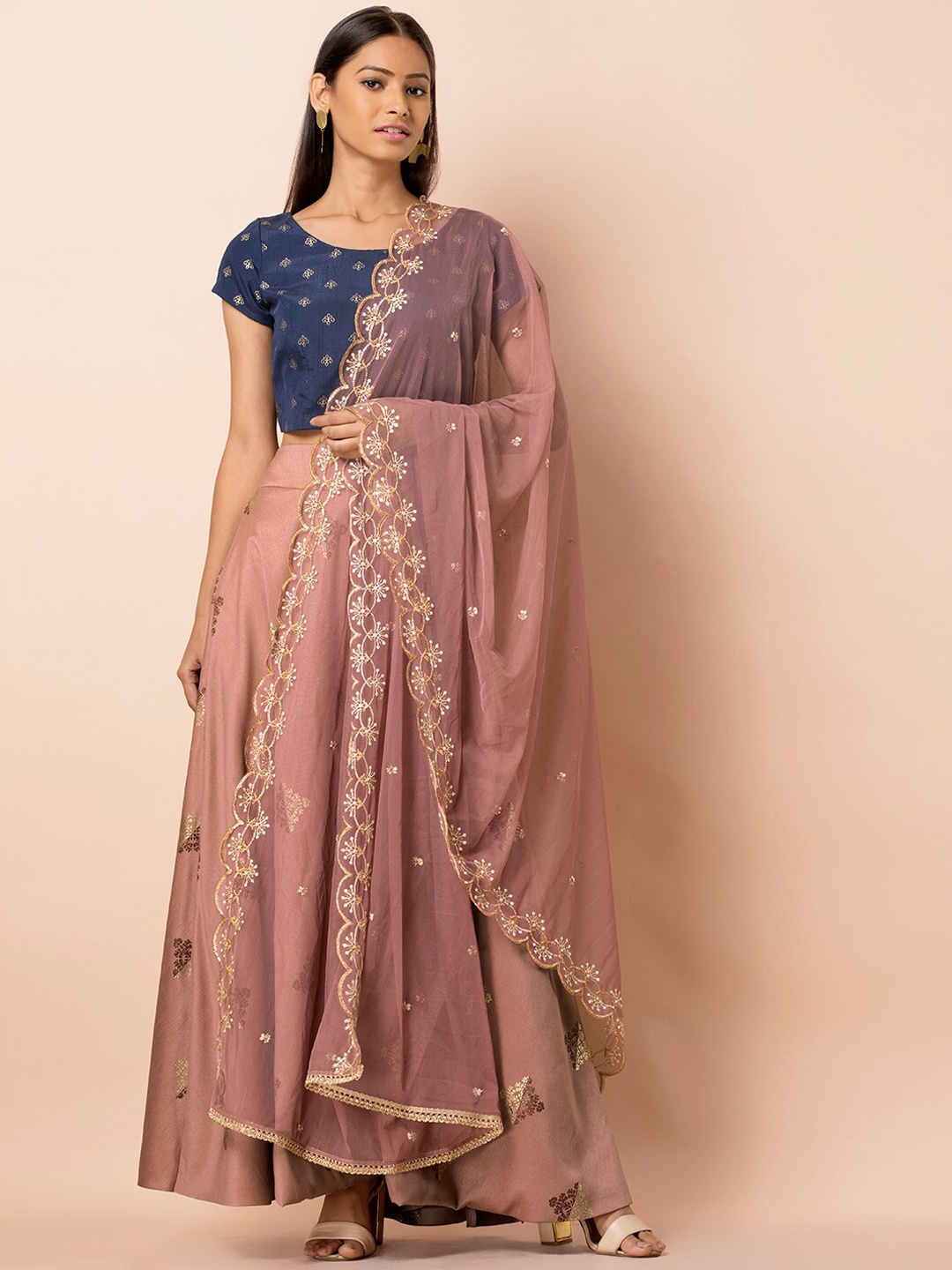 

INDYA Peach-Coloured & Gold-Toned Embroidered Dupatta