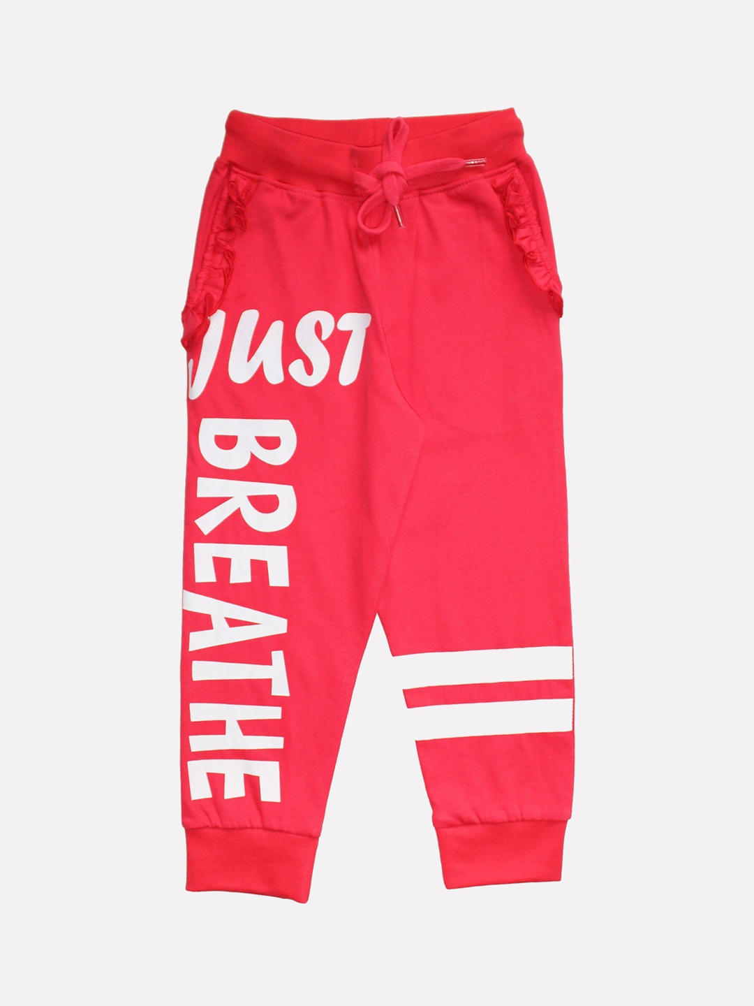 

KiddoPanti Girls Coral Red & White Solid Just Breathe Straight-Fit Joggers