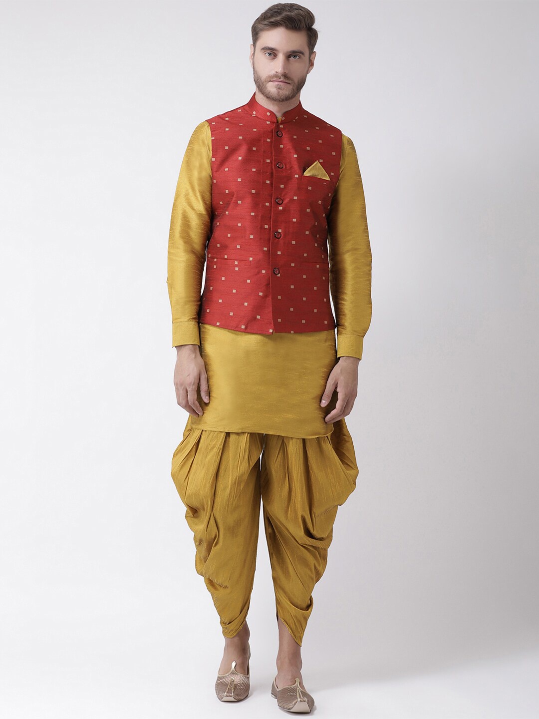 

LAMAAYA Men Red Layered Kurta with Dhoti Pants