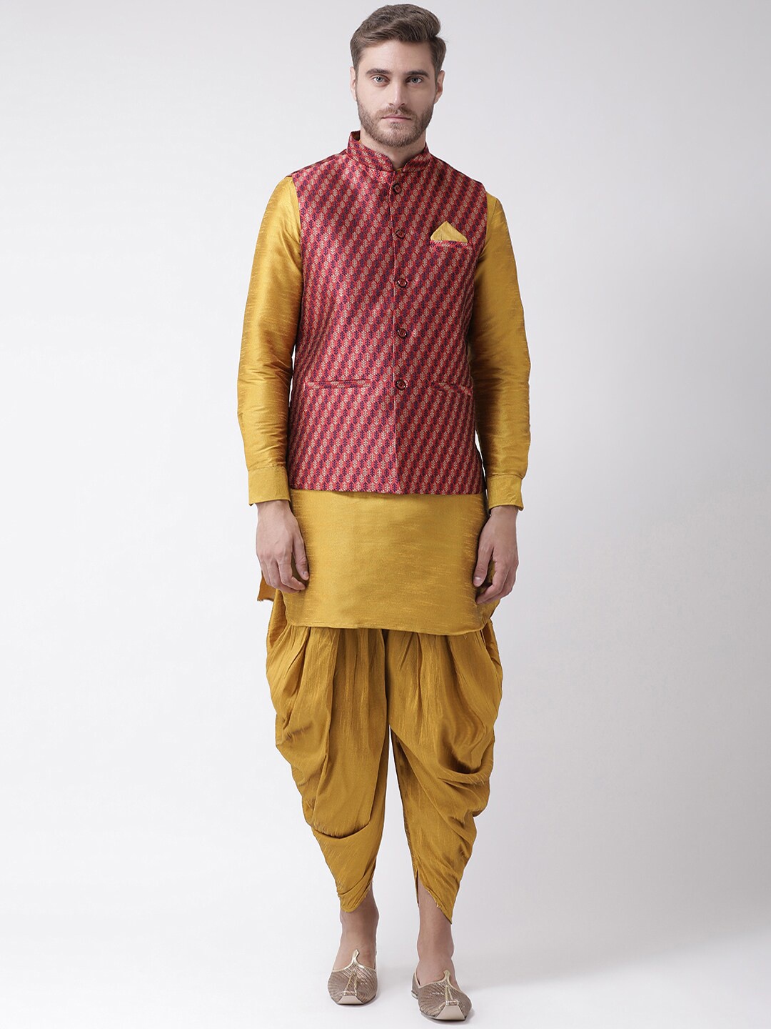 

LAMAAYA Men Yellow Kurta with Dhoti Pants & With Nehru Jacket