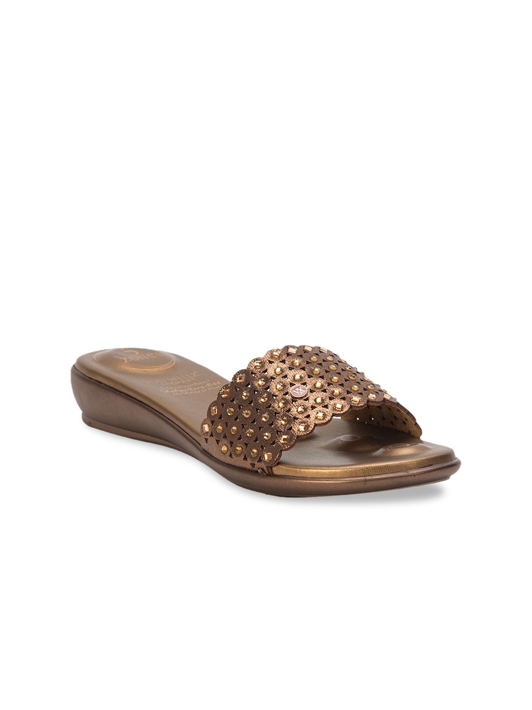 VON WELLX GERMANY Women Bronze-Toned Embellished Open Toe Flats with Laser Cuts