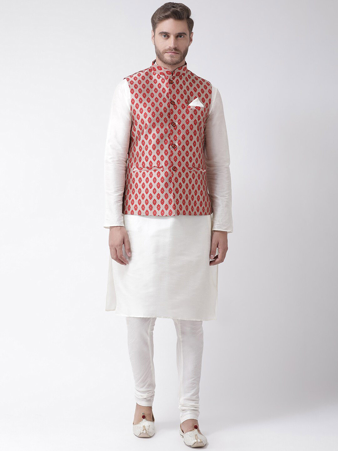 

LAMAAYA Men Pink Kurta with Churidar & Nehru Jacket